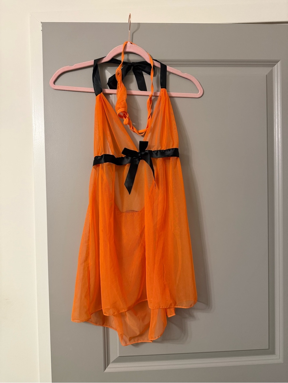 Orange Black Sheer Mesh Babydoll Lingerie Halter Chemise